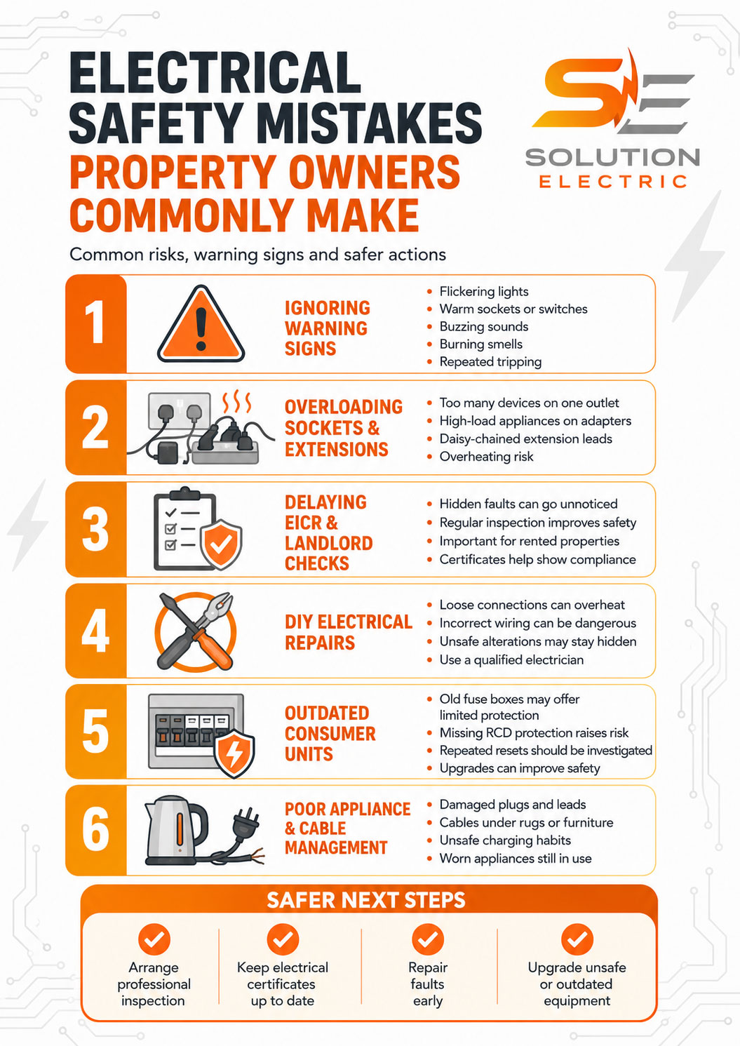 Infographic showing electrical safety mistakes property owners commonly make